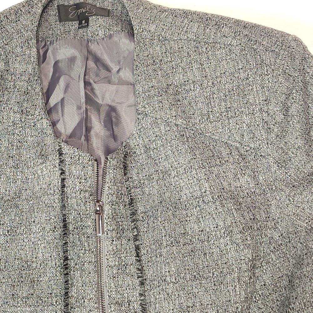 Emily Blazer Jacket Womens 16 Gray Tweed Collarless Full Zip Fringe Pockets - Picture 3 of 9